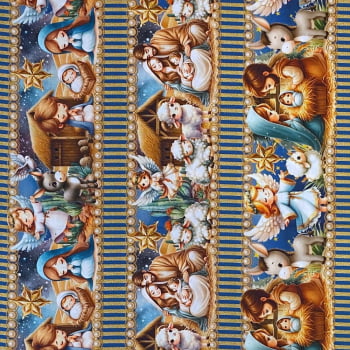Tecido Tricoline Barrado Digital Presepio de Natal Azul Dourado Tecido Tricoline Barrado Digital Presepio de Natal Azul Dourado