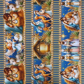Tecido Tricoline Barrado Digital Presepio de Natal Azul Dourado