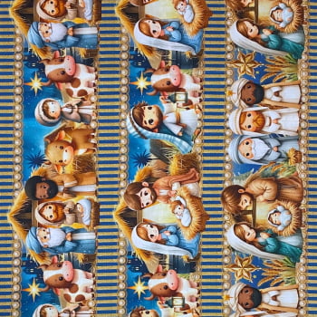 Tecido Tricoline Barrado Digital Presepio de Natal Azul Dourado