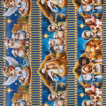 Tecido Tricoline Barrado Digital Presepio de Natal Azul Dourado