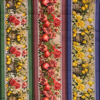 Tecido Tricoline Barrado Digital Romã e Limao Siciliano