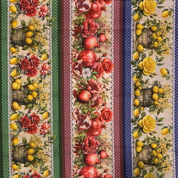 Tecido Tricoline Barrado Digital Romã e Limao Siciliano