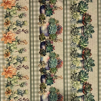 Tecido Tricoline Barrado Digital Suculentas Xadrez Verde