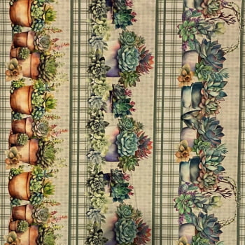 Tecido Tricoline Barrado Digital Suculentas Xadrez Verde