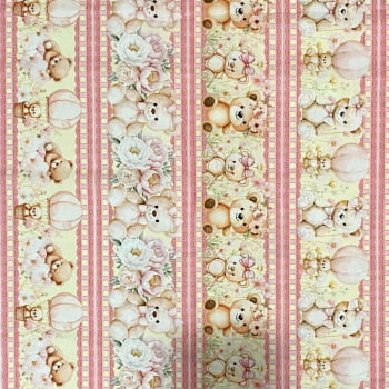 Tecido Tricoline Barrado Digital Ursinho de Pelucia e Flores Rosa Amarelo