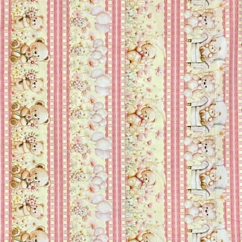 Tecido Tricoline Barrado Digital Ursinho de Pelucia e Flores Rosa Amarelo