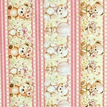 Tecido Tricoline Barrado Digital Ursinho de Pelucia e Flores Rosa Amarelo