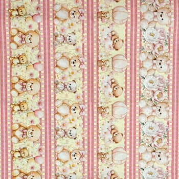 Tecido Tricoline Barrado Digital Ursinho de Pelucia e Flores Rosa Amarelo