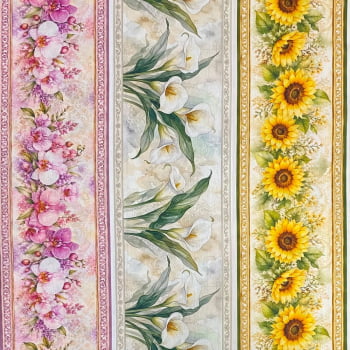Tecido Tricoline Barrado Floral Caminho de Flores Diversas
