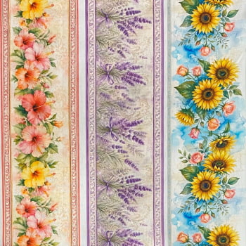 Tecido Tricoline Barrado Floral Caminho de Flores Diversas