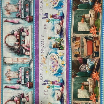 Tecido Tricoline Barrado Itens de Banheiro e Flores