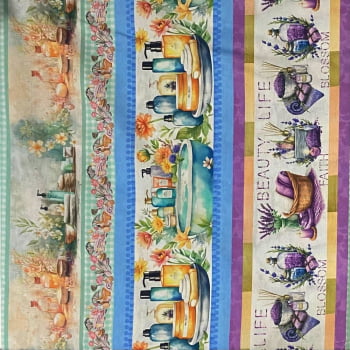 Tecido Tricoline Barrado Itens de Banheiro e Flores