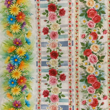 Tecido Tricoline Barrado Trilho de Flores Tecido Tricoline Barrado Trilho de Flores
