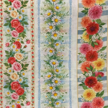 Tecido Tricoline Barrado Trilho de Flores