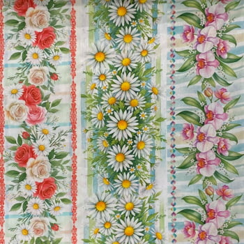 Tecido Tricoline Barrado Trilho de Flores