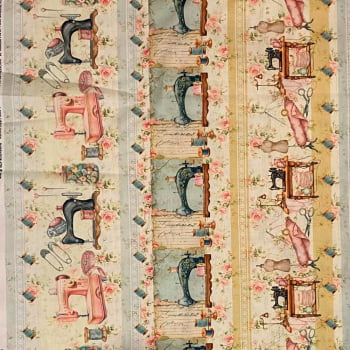 Tecido Tricoline Digital Barrado Artigos de Costura Vintage Coleção Costureiras & Ateliê