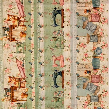 Tecido Tricoline Digital Barrado Artigos de Costura Vintage Coleção Costureiras & Ateliê