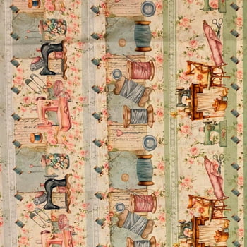 Tecido Tricoline Digital Barrado Artigos de Costura Vintage Coleção Costureiras & Ateliê