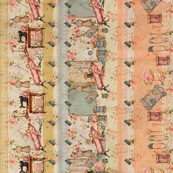 Tecido Tricoline Digital Barrado Artigos de Costura Vintage Coleção Costureiras & Ateliê