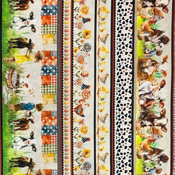 Tecido Tricoline Digital Barrado Bichinhos da Fazenda Galinha Vaca