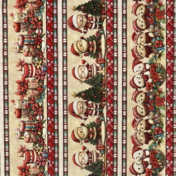 Tecido Tricoline Digital Barrado Bichinhos e Artigos de Natal Fundo Bege 