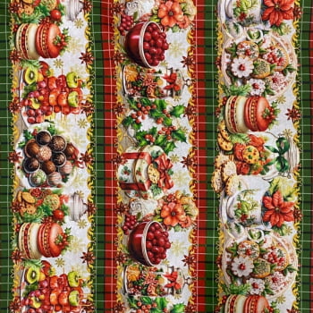 Tecido Tricoline Digital Barrado Bolo Frutas e Ho Ho Ho de Natal