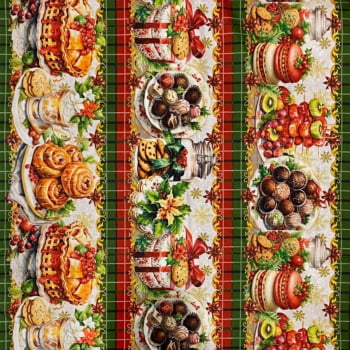 Tecido Tricoline Digital Barrado Bolo Frutas e Ho Ho Ho de Natal
