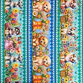 Tecido Tricoline Digital Barrado Cachorrinhos Cachorros Filhotes Azul Verde