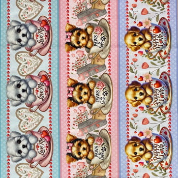 Tecido Tricoline Digital Barrado Cachorrinhos Cachorros nas Xicaras