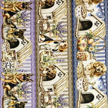 Tecido Tricoline Digital Barrado Cachorrinhos Cachorro Raças Colorido