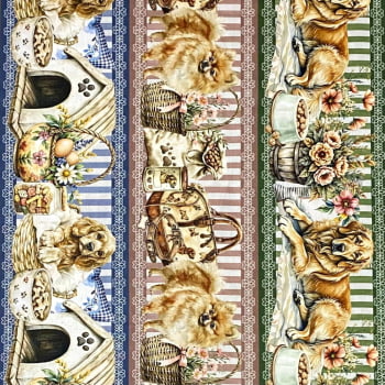 Tecido Tricoline Digital Barrado Cachorrinhos Cachorro Raças Colorido