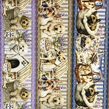 Tecido Tricoline Digital Barrado Cachorrinhos Cachorro Raças Colorido