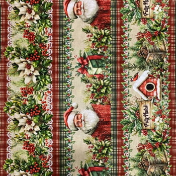 Tecido Tricoline Digital Barrado Casa Sinos e Azevinhos de Natal 