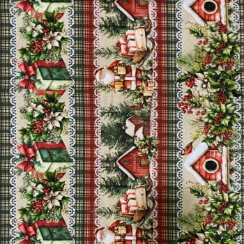 Tecido Tricoline Digital Barrado Casa Sinos e Azevinhos de Natal 