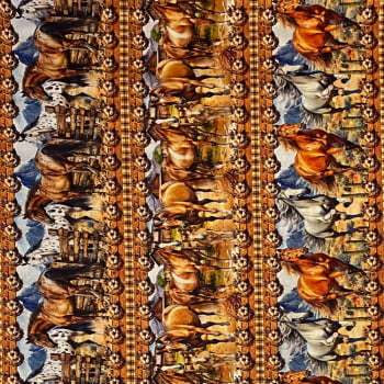 Tecido Tricoline Digital Barrado Cavalos Flores e Cactos