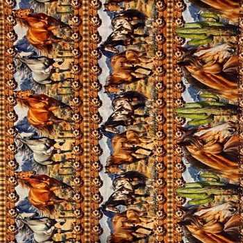 Tecido Tricoline Digital Barrado Cavalos Flores e Cactos