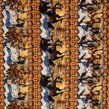 Tecido Tricoline Digital Barrado Cavalos Flores e Cactos