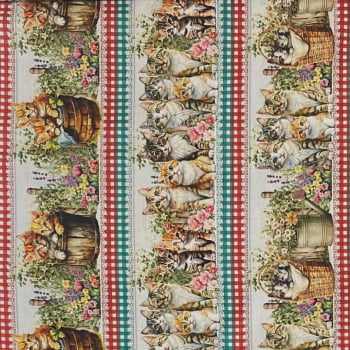 Tecido Tricoline Digital Barrado Cesta de Gatinhos com Flores Xadrez e Rendinha