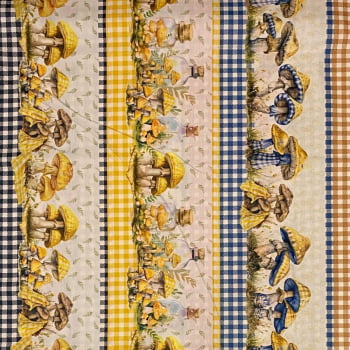 Tecido Tricoline Digital Barrado Cogumelos Coloridos no Xadrez