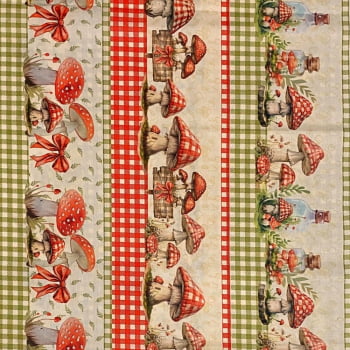 Tecido Tricoline Digital Barrado Cogumelos Coloridos no Xadrez