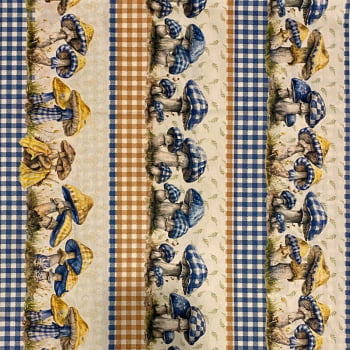 Tecido Tricoline Digital Barrado Cogumelos Coloridos no Xadrez