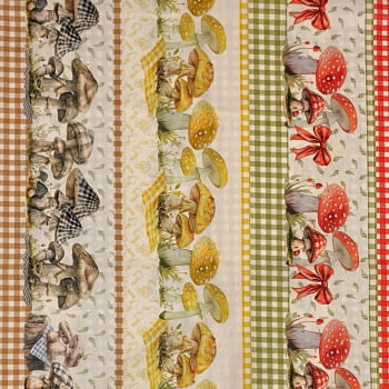 Tecido Tricoline Digital Barrado Cogumelos Coloridos no Xadrez