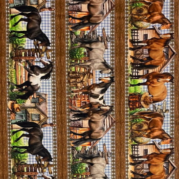 Tecido Tricoline Digital Barrado Fazenda de Cavalos 