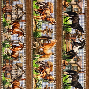 Tecido Tricoline Digital Barrado Fazenda de Cavalos 