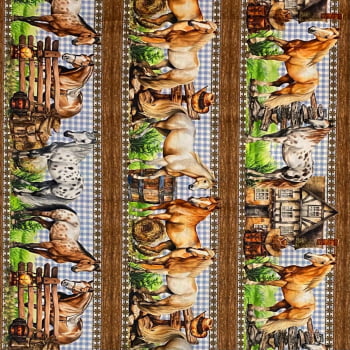 Tecido Tricoline Digital Barrado Fazenda de Cavalos 