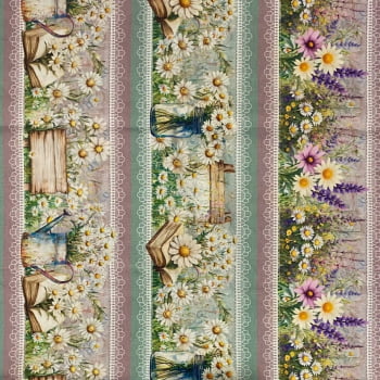 Tecido Tricoline Digital Barrado Floral Flores Silvestres