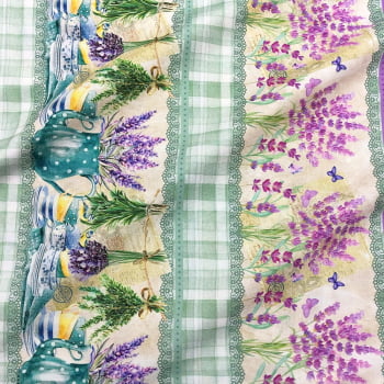 Tecido Tricoline Digital Barrado Floral Lavabo e Cozinha Azul, Verde e Lilás (Garden)
