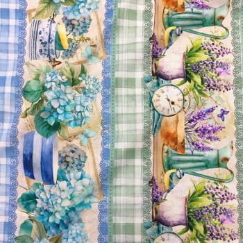 Tecido Tricoline Digital Barrado Floral Lavabo e Cozinha Azul, Verde e Lilás (Garden)