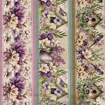 Tecido Tricoline Digital Barrado Floral Magnólia e Lilás