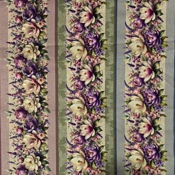 Tecido Tricoline Digital Barrado Flores Brancas e Roxos